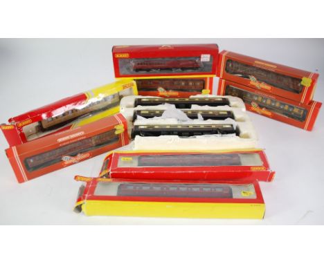 HORNBY RAILWAYS SEVEN BOXED 'OO' SCALE PASSENGER COACHES to include; three Midland maroon Clerestry composite coaches and two