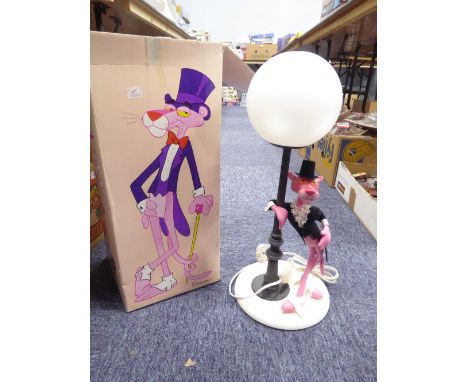 ITALIAN CIRCA 1980's BOXED PINK PANTHER TABLE LAMP depicted in top hat and tails leaning on a street lamp, 20" (51cm) high 