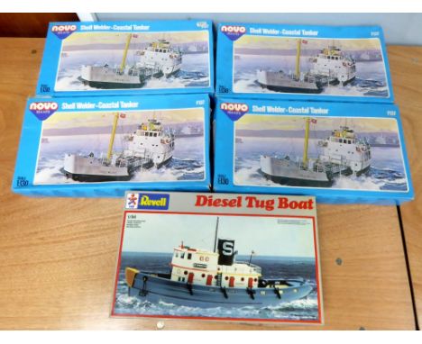 FOUR NOVO 1:130 SCALE LARGE PLASTIC KITS OF MERCHANT SHIPS includes Shell Welder - Coastal Tanker and a REVELL 1:94 SCALE MOD