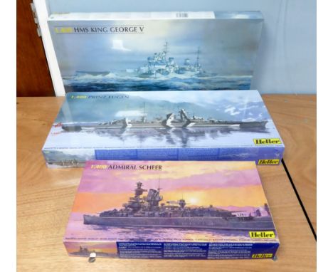 TWO HELLER 1:400 SCALE LARGE PLASTIC KITS OF BATTLESHIPS viz H.M.S. King George V and Prinz Eugen sealed as new and ANOTHER A