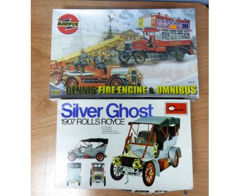 AIRFIX 1:32 SCALE LARGE PLASTIC KIT 'DENNIS FIRE ENGINE AND OMNIBUS and a MINI CRAFT 1:16 LARGE SCALE PLASTIC KIT 1907 ROLLS 