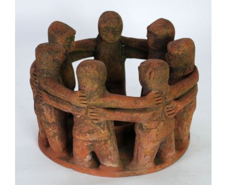 AN AGED POSSIBLY PRE-COLUMBIAN MAYAN (YUCATAN, SOUTHERN MEXICO) TERRA COTTA 'CIRCLE OF FIRENDS' INCENSE BURNER 9 3/4" (25 CM)