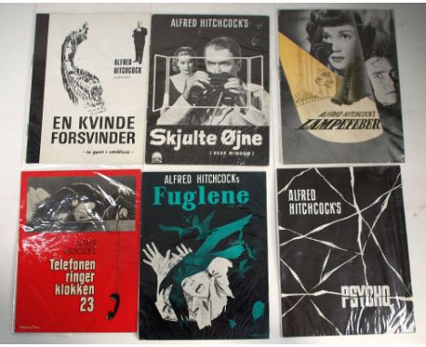 SIX 1950's/60's ALFRED HITCHCOCK, DANISH BROCHURES, COMPRISING;  'The Birds', 'Dial M for Murder', 'Psycho', 'The Lady Vanish