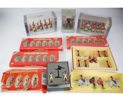 THREE W. BRITAINS BOXED SETS EACH OF SIX MINT DIE CAST MODEL SOLDIERS PLAYING BAGPIPES, each window box with oval windows, vi
