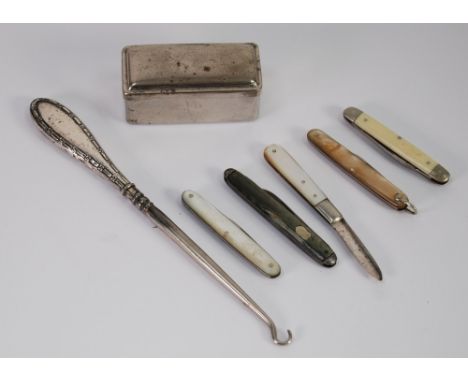 BUTTON HOOK with silver handle; SMALL PENKNIFE with silver blade, mother o'pearl handle, Sheffield 1925; FOUR SMALL METAL BLA