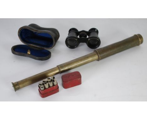 EARLY TWENTIETH CENTURY BRASS FOUR DRAW TELESCOPE, lens 1" diameter (main tube, lacks leather), PAIR OF OPERA GLASSES, in cas