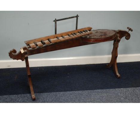 MONO-CORDE MAHOGANY AND FRUITWOOD FLOOR STANDING MUSICAL INSTRUMENT with vision style sound box, single string and keyboard w