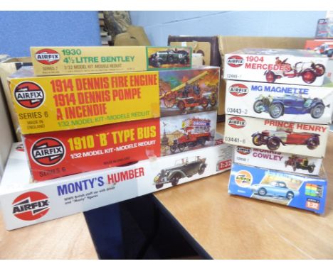 AIRFIX NINE VARIOUS 1:32 SCALE PLASTIC KITS VINTAGE CARS AND VEHICLES includes Monty's Humber and 1914 Dennis fire engine (9)