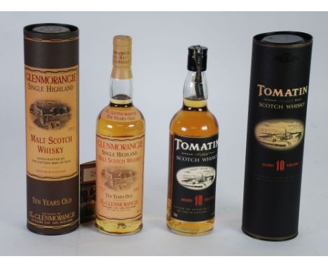 TOMATIN 70cl BOTTLE OF SINGLE HIGHLAND MALT SCOTCH WHISKY aged 10 years, 40% vol., with sealed screw top, in tube and GLENMOR