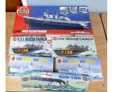 AIRFIX 1:350 SCALE LARGE PLASTIC KIT H.M.S. ILLUSTRIOUS and FIVE OTHER AIRFIX PLASTIC KITS OF WARSHIPS 1:600 x 3 including H.