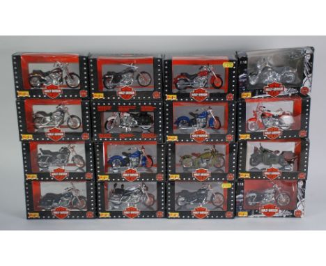 SIXTEEN MINT AND BOXED MAISTO 1:18 SCALE MODELS OF HARLEY DAVIDSON MOTORCYCLES in double sided window boxes, good (16)