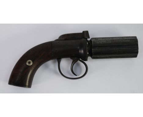 A 19TH CENTURY SIX SHOT BAR HAMMER PERCUSSION PEPPERBOX REVOLVER the 3" (7.6 cm) barrels retaining some blueing having rounde