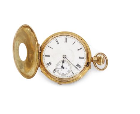 First quarter of 20th century hallmarked 18ct gold cased half hunter fob watch with button wind, having blued steel hands to 