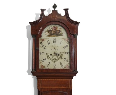 19th century mahogany longcase clock painted arch dial with circular Arabic chapter ring, secondary minutes dial and date ape