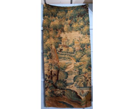 Aubusson tapestry depicting geese in a waterfall and gardens before a chateau, probably 17th/18th century, 234cm x 102cm