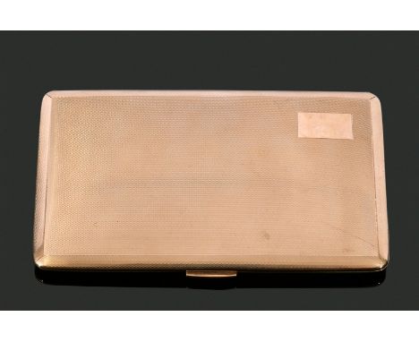 9ct gold cigarette case, engine turned decoration front and back, having a vacant plain polished rectangular cartouche to one