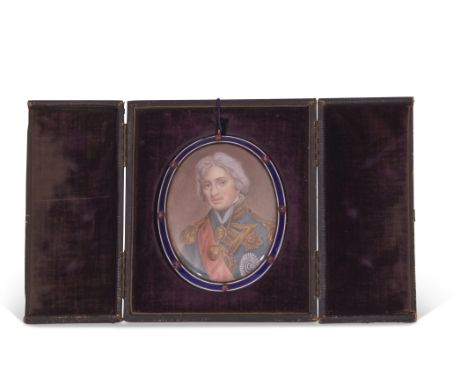 19th century gold and enamelled framed portrait miniature of Viscount Lord Nelson, after Hoppner, the front bezel in dark blu