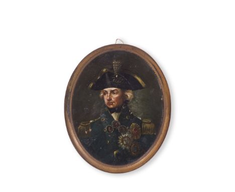 After Lemuel Francis Abbot, unsigned oil portrait on copper panel, head and shoulders portrait of Admiral Horatio Nelson wear