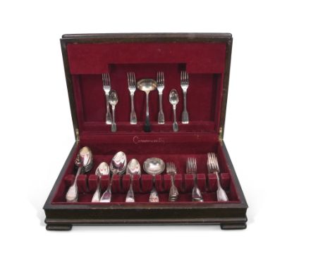 A composite set of Fiddle &amp; Thread pattern silver cutlery comprising seven matching serving spoons, Lonwon 1826, Charles 