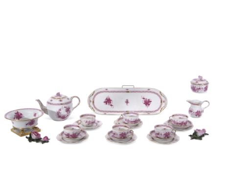 Herend tea set decorated in Meissen style in puce camieau with pattern number 1726, the decoration in puce with floral sprays