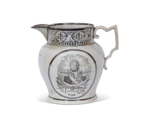 Rare early 19th century pearlware silver lustre jug decorated with a portrait of Nelson at Trafalgar, the reverse with a cart