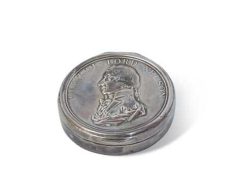 Rare Admiral Lord Nelson silver snuff box by Joseph Willmore of Birmingham, circular shaped with hinged lid, with embossed po