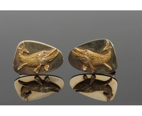 Pair of large Tiffany &amp; Co 14K stamped cuff links, circa 1970, designed with a dimensional pike or game fish motif, each 