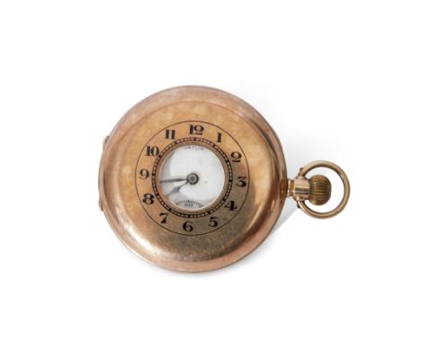 Gent's first quarter of 20th century hallmarked 9ct gold half hunter pocket watch with button wind, having blued steel hands 