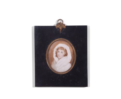 After R Cosway (1742-1821), unsigned oil miniature, portrait of a lady (possibly Lady Hamilton), pictured wearing a white hoo