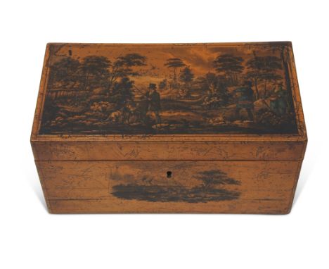 19th century satinwood caddy box of rectangular form, the lid well decorated with sporting scene of hunters, dogs and game bi