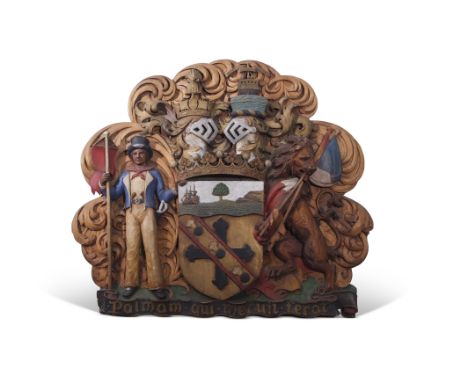 A finely carved and painted oak plaque of Lord Nelson's arms, featuring the central shield with a cross with diagonal band of