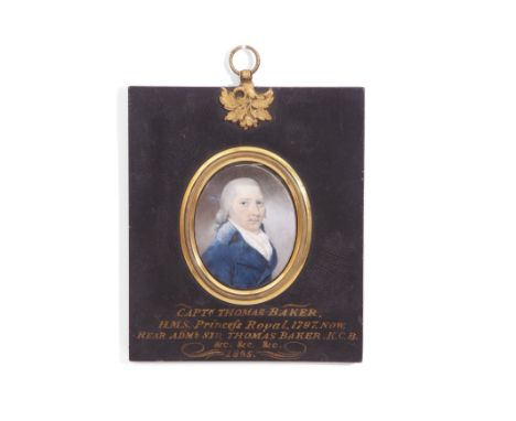 Second quarter of 19th century unsigned oil miniature, head and shoulders portrait of Capt Thomas Baker, he wears a blue Nava