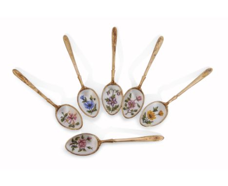 Cased set of six silver gilt and enamel tea spoons, each bowl decorated with different floral sprays, Birmingham 1964, maker'