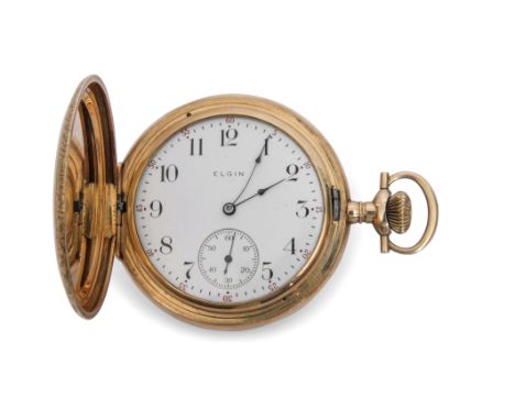 Second quarter of 20th century 14K gold cased full hunter pocket watch by Elgin, the back and front with good quality engine 