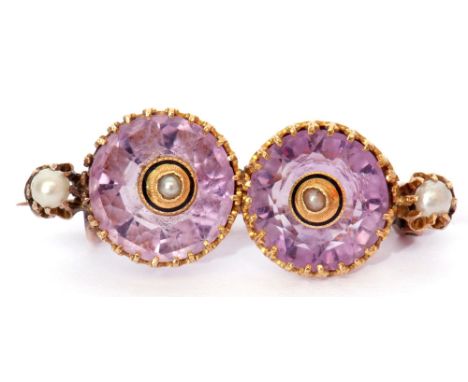 Vintage amethyst and seed pearl brooch, a design featuring two round faceted amethysts, each centring a small collet set seed