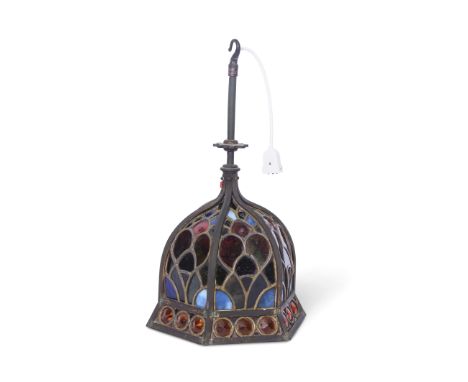Arts &amp; Crafts style unusual coloured leaded glass mounted hanging light of conical form, multi-coloured glass detail, the
