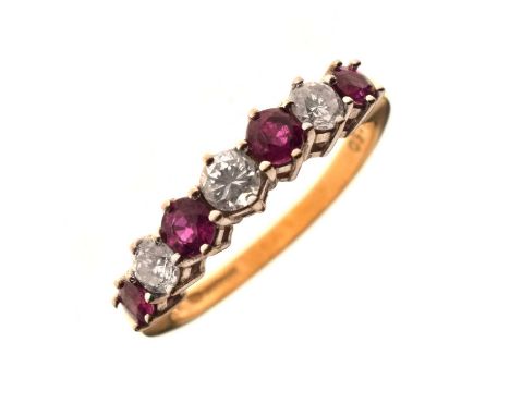 18ct gold ruby and diamond seven-stone ring, size O½ approx, 3.6g gross approx