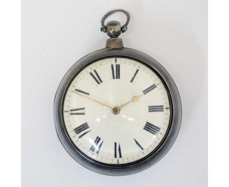 Early Victorian silver pair case open-face pocket watch, J. Hodge, Helstone, the enamel Roman dial with gilt metal hands, Lon
