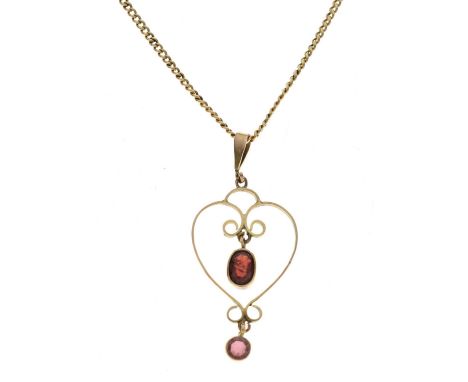 Edwardian style pendant set two garnet drops, on curb link chain with replacement clasp, unmarked, 6g gross approx (tests as 
