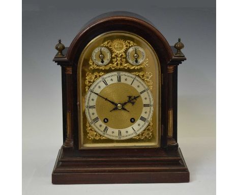Winterhalder &amp; Hofmeier German mahogany cased mantel clock, the brass dial with silvered Roman chapter ring surrounded by