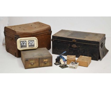 Large metal tin trunk, together with a black rectangular example, two desk press stamps, Pioneer two-drawer table top filing 