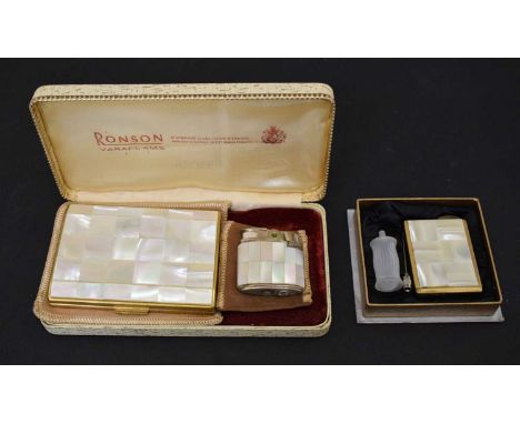 Ronson Varaflame cased set comprising; mother-of-pearl and gold plated cigarette case and lighter, together with a similar mo