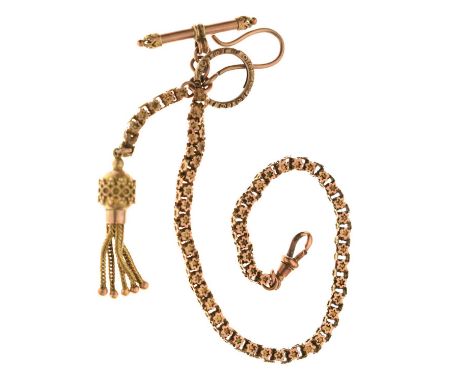 Albertina watch chain, with tassel drop, T-bar and lobster claw, unmarked yellow metal, 11.4g approx