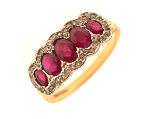 18ct gold ruby and diamond cluster ring, the five oval rubies within a border of single cut diamonds, size T approx, 5.4g gro