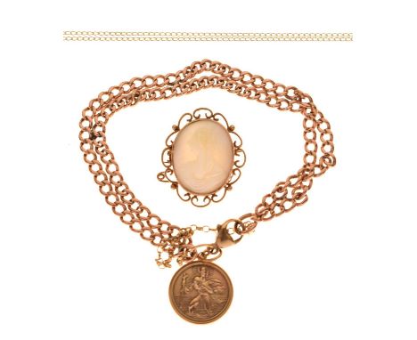 Small quantity of gold and yellow metal jewellery comprising a 9ct gold St Christopher on an unmarked rose gold coloured doub