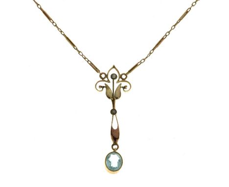 Edwardian 9ct yellow and rose gold pendant necklace set blue stone drop and seed pearls, with later extention chain, 52.5cm l