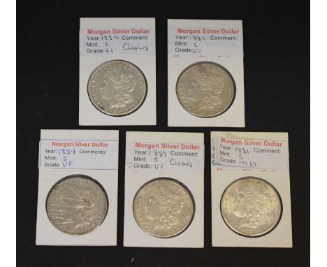 Five United States of America 'Morgan' silver dollars, San Francisco Mint, 1880, 1881, 1882, 1884, and 1889 (5)
