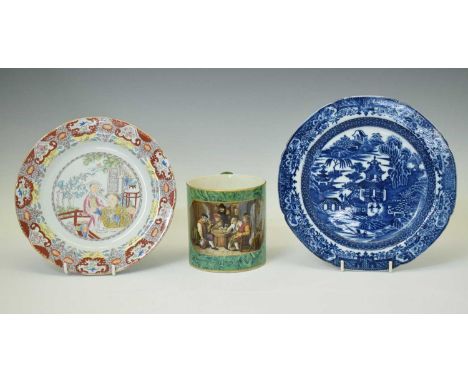 Group of 19th century ceramics to include Pratware mug, green swirl ground with tavern scene, together with a Mason's Ironsto