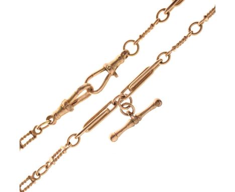 9ct rose gold fancy-link double Albert chain with T-bar, 45.5cm long approx, 22.5g approx