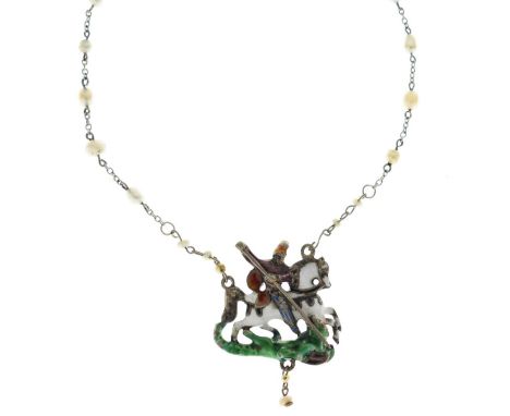 Austro-Hungarian George &amp; the Dragon enamelled silver pendant, the chain interspersed with freshwater pearls, 49cm long a